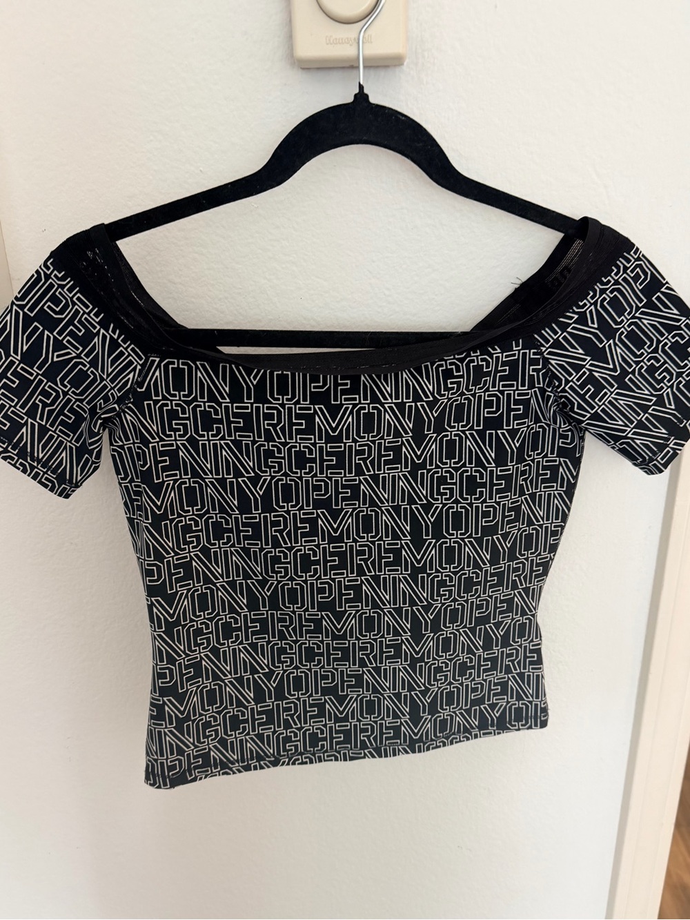 Opening Ceremony Black Logo-Print Off-Shoulder Crop Top - XS- NWOT